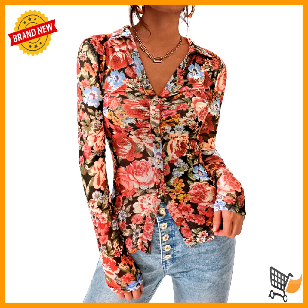Floral Mesh Button Down Blouse Long Sleeve V Neck Boho Top